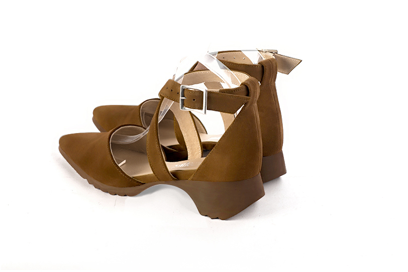 Caramel brown women's open side shoes, with crossed straps.. Rear view - Florence KOOIJMAN